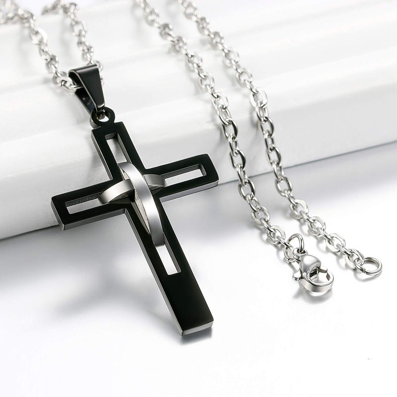 OIDEA 2 Colors Stainless Steel Mens High Polish Hollow Openwork Cross Pendant Necklace for Men and Women, Black+Gold - Image 4