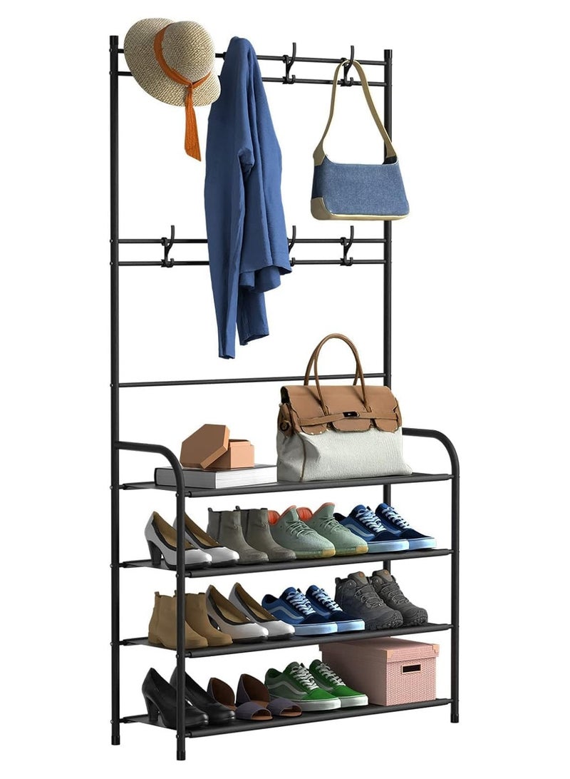 Generic Shoe Rack ，3 in1 Coat and Shoe Rack Entryway, Shoes Cabinet Organizer, Entryway Coat rack with 8 Hooks, Multi-Function Organizer, Boots Storage Shelf for living Room Bedroom(Black, 4 Tier) - Image 1