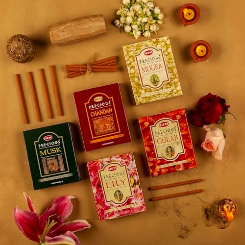 Hem Precious 5 Variant Assorted Dhoop Sticks Set | Bambooless & Charcoal-Free | Chandan, Gulab, Mogra, Lily & Musk Fragrances | Burns 25-30 Min | Approx. 55 Sticks | 60g Each - Image 2