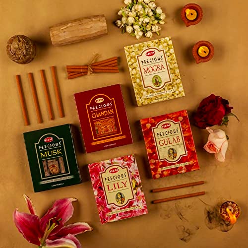Hem Precious 5 Variant Assorted Dhoop Sticks Set | Bambooless & Charcoal-Free | Chandan, Gulab, Mogra, Lily & Musk Fragrances | Burns 25-30 Min | Approx. 55 Sticks | 60g Each - Image 1