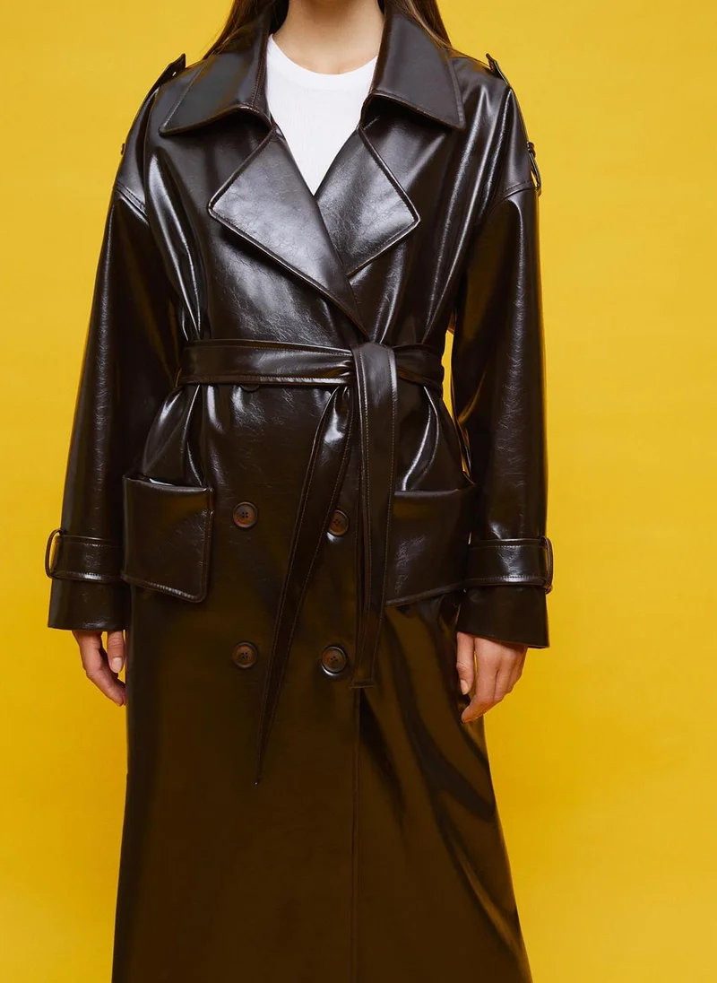 Nocturne Belted Faux Leather Trench Coat