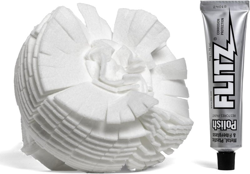 Flitz كرة فليتس للتلميع مع معجون تلميع معدني 1.76 أونصة - ملحق تلميع بفرشاة 5 بوصة لأي مثقاب 3/8 بوصة - كرة تلميع ذاتية التبريد وقابلة للغسل لتلميع، وتلميع، وحماية جميع المعادن، والبلاستيك (عبوة واحدة) - Image 1