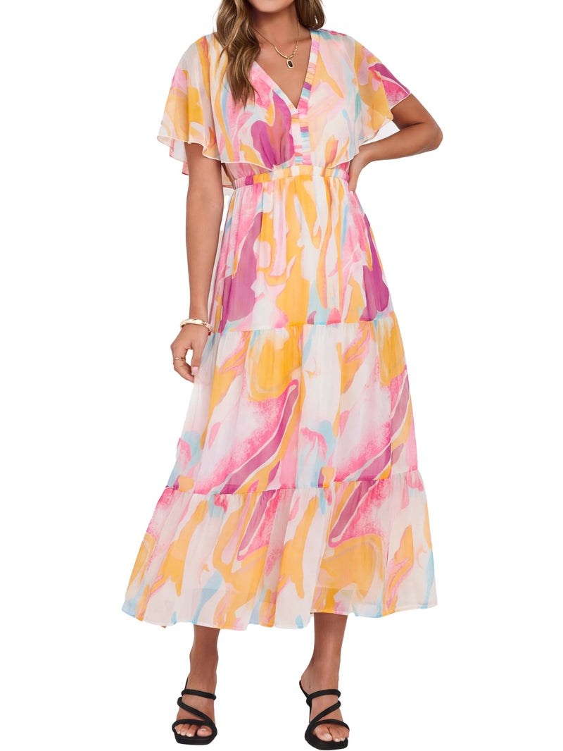 Simplee Womens Floral Boho Maxi Dress Summer Wedding Guest V Neck Ruffle Short Sleeve Beach Vacation Dresses Pink Orange M - Image 1