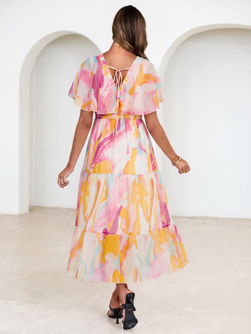 Simplee Womens Floral Boho Maxi Dress Summer Wedding Guest V Neck Ruffle Short Sleeve Beach Vacation Dresses Pink Orange M - Image 4