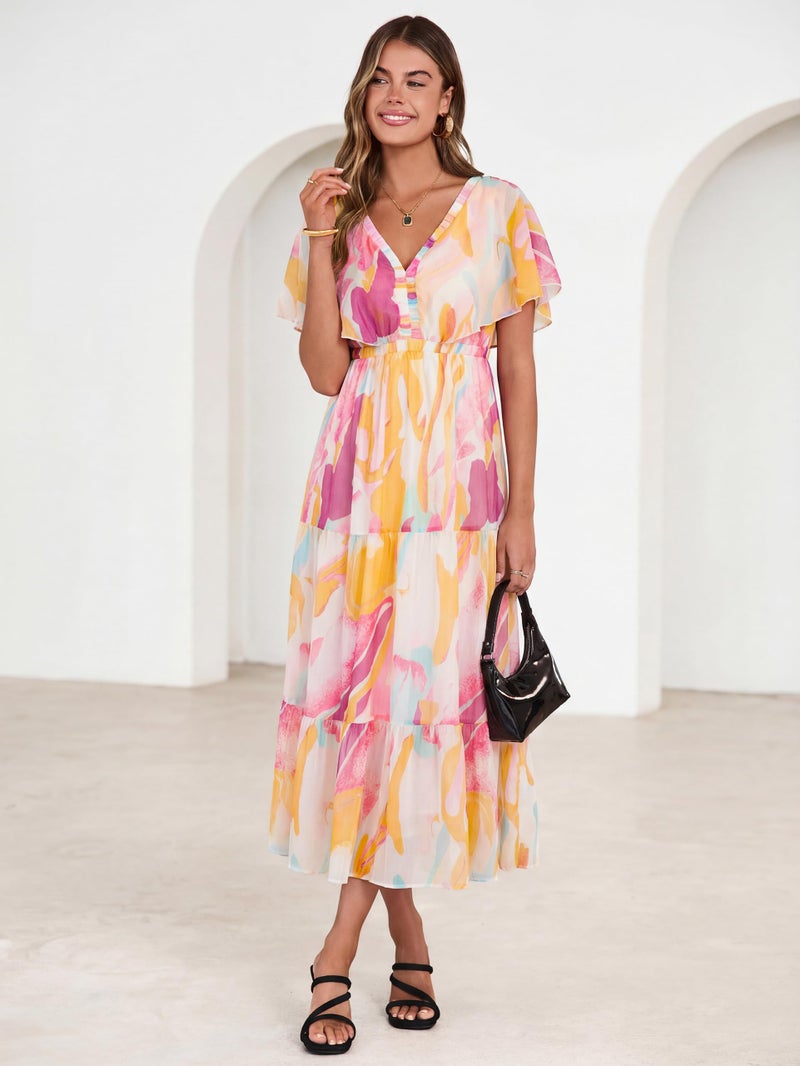 Simplee Womens Floral Boho Maxi Dress Summer Wedding Guest V Neck Ruffle Short Sleeve Beach Vacation Dresses Pink Orange M - Image 3