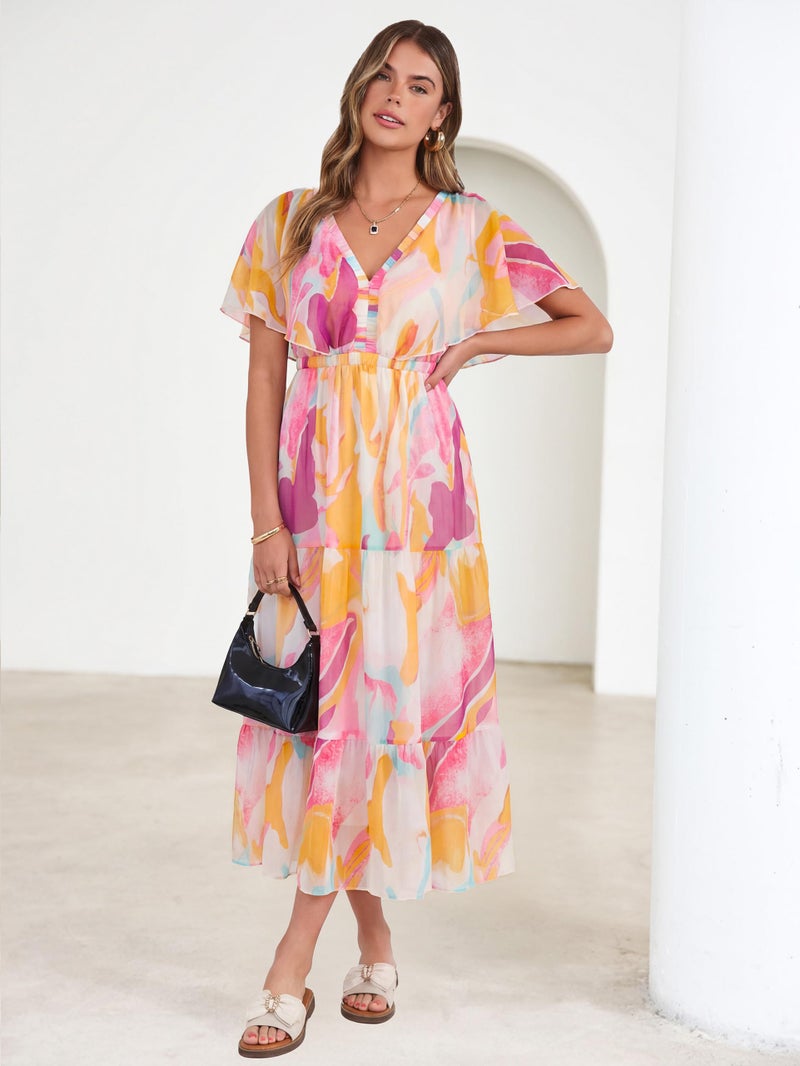 Simplee Womens Floral Boho Maxi Dress Summer Wedding Guest V Neck Ruffle Short Sleeve Beach Vacation Dresses Pink Orange M - Image 5