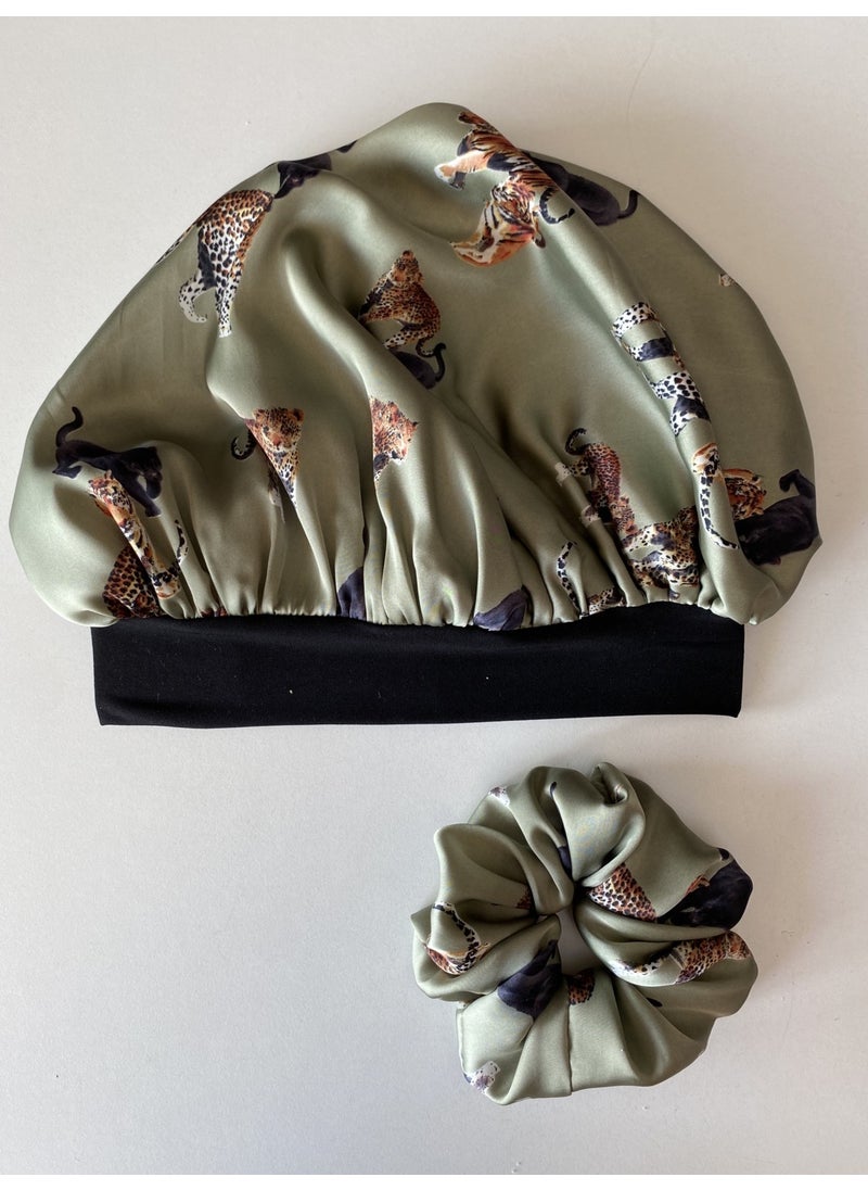 Pistore Green Tiger Pattern Satin Bonnet and Buckle Set for Curly Hair  - Image 1