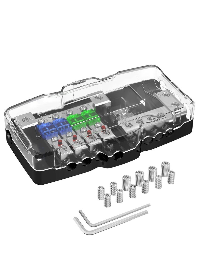 4 Way Fuse Block, 12V Blade Fuse 4 Way Car Audio MIDI(Mini-ANL) Fuse Block with LED Indicator Waterpoof Cover for 12V Automotive Truck Boat Marine RV Van Vehicle Stereo Amp (with 6pcs MIDI Fuse