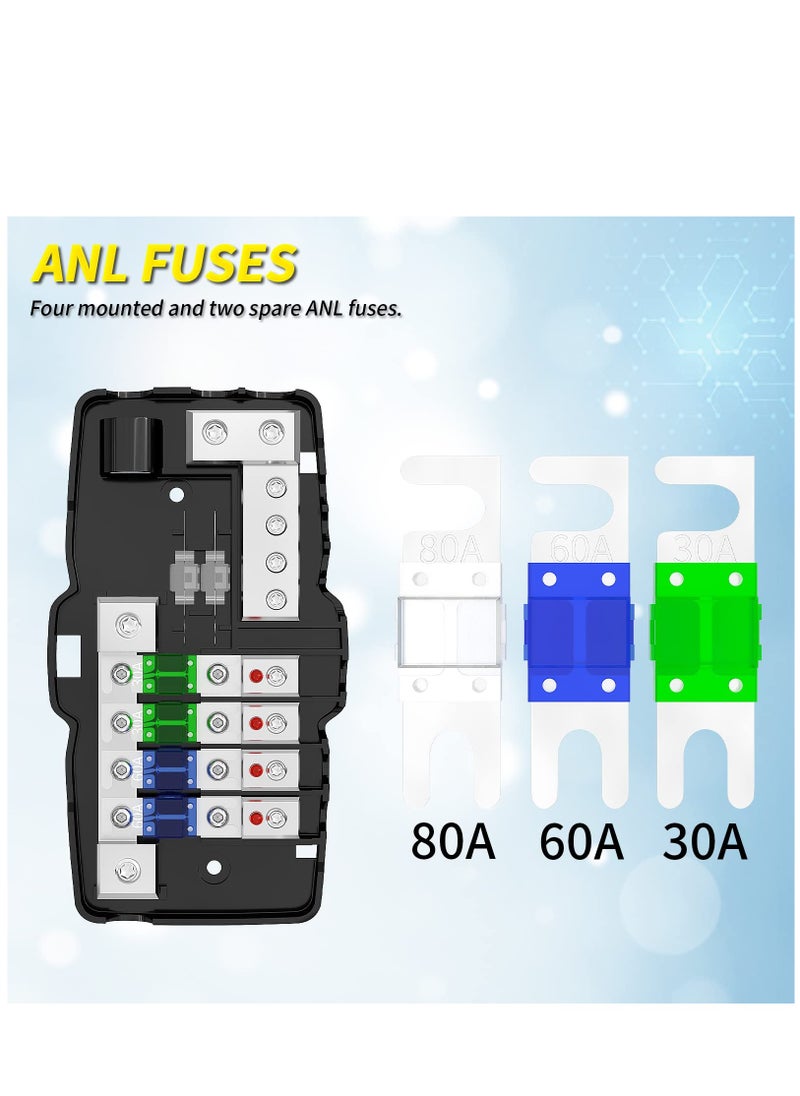 4 Way Fuse Block, 12V Blade Fuse 4 Way Car Audio MIDI(Mini-ANL) Fuse Block with LED Indicator Waterpoof Cover for 12V Automotive Truck Boat Marine RV Van Vehicle Stereo Amp (with 6pcs MIDI Fuse