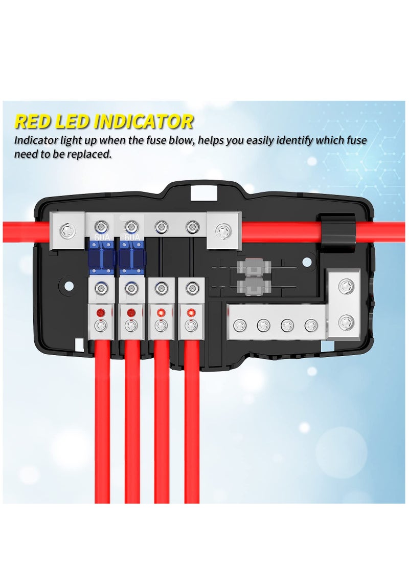 4 Way Fuse Block, 12V Blade Fuse 4 Way Car Audio MIDI(Mini-ANL) Fuse Block with LED Indicator Waterpoof Cover for 12V Automotive Truck Boat Marine RV Van Vehicle Stereo Amp (with 6pcs MIDI Fuse
