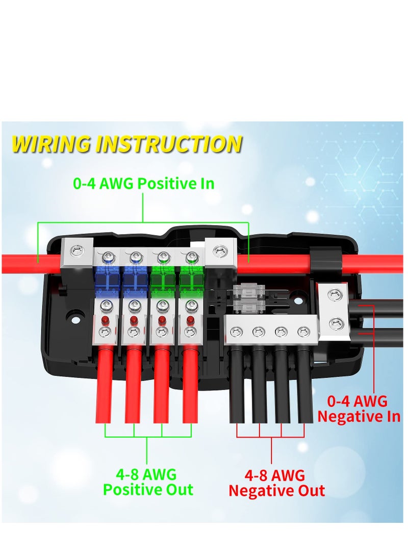 4 Way Fuse Block, 12V Blade Fuse 4 Way Car Audio MIDI(Mini-ANL) Fuse Block with LED Indicator Waterpoof Cover for 12V Automotive Truck Boat Marine RV Van Vehicle Stereo Amp (with 6pcs MIDI Fuse
