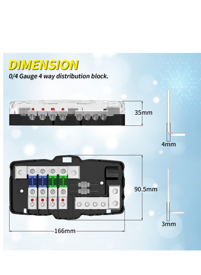 4 Way Fuse Block, 12V Blade Fuse 4 Way Car Audio MIDI(Mini-ANL) Fuse Block with LED Indicator Waterpoof Cover for 12V Automotive Truck Boat Marine RV Van Vehicle Stereo Amp (with 6pcs MIDI Fuse
