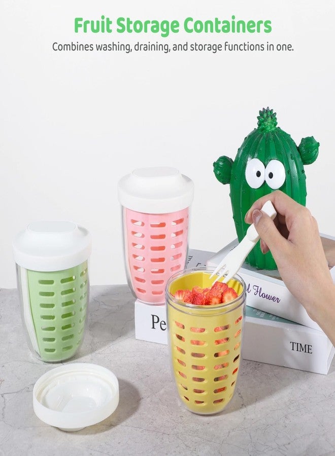 Homaisson 3 Pcs Portable Picnic Party Fruit Salad Storage Cups with Lids and Forks, 20 oz. Fruit Storage Container with Removable Strainer, BPA-Free, Keeps Fruit Fresh for a Long Time (Yellow & Green & Pink) - Image 4