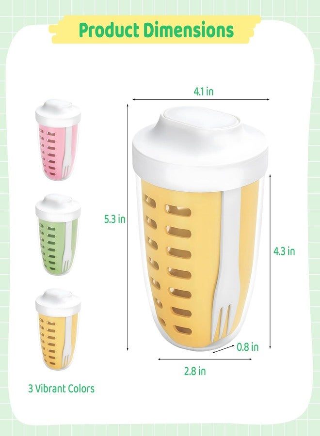 Homaisson 3 Pcs Portable Picnic Party Fruit Salad Storage Cups with Lids and Forks, 20 oz. Fruit Storage Container with Removable Strainer, BPA-Free, Keeps Fruit Fresh for a Long Time (Yellow & Green & Pink) - Image 2