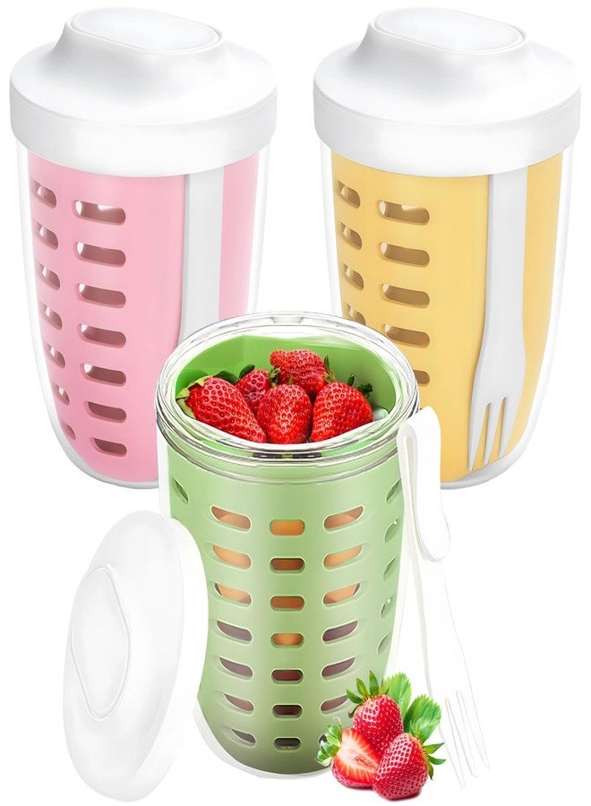 Homaisson 3 Pcs Portable Picnic Party Fruit Salad Storage Cups with Lids and Forks, 20 oz. Fruit Storage Container with Removable Strainer, BPA-Free, Keeps Fruit Fresh for a Long Time (Yellow & Green & Pink) - Image 5