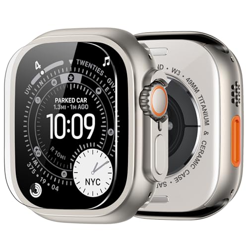 amBand for Apple Watch Ultra 2/Ultra Screen Protector 49mm, W1 Metal Case Rugged Bumper Titanium Frame + 9H Tempered Glass Film + Ceramic-Like Back Cover, Keep Original, Waterproof, Natural Titanium - Image 1