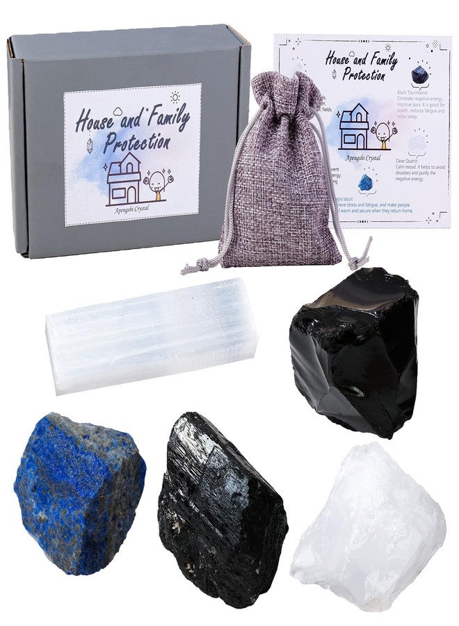Apengshi Protection Crystal Stone Set for House and Family Protection Set of 5 Pieces Stone Black Tourmaline Clear Quartz Lapis Lazuli Obsidian and Selenite Healing Crystal Stones - Image 1