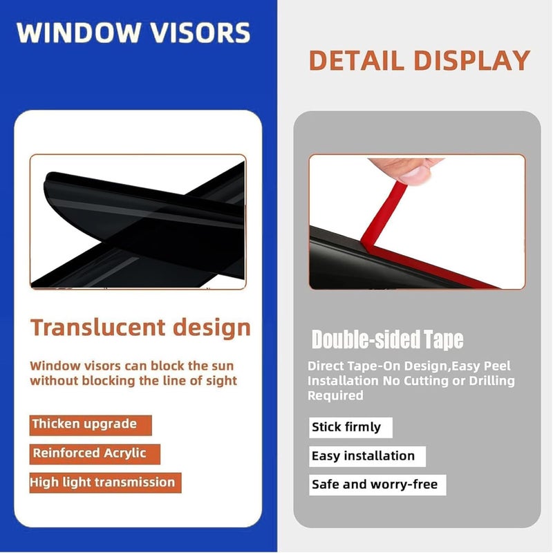 TONOYTIM in-Channel Window Visors Rain Guards Vent Deflectors for Truck Window Shield for Chevy Silverado/GMC Sierra 1500 Crew Cab 2019-2025, 2500HD 3500HD 2020-2025, Stylish Vent Shade Wind Deflectors 194805 - Image 5