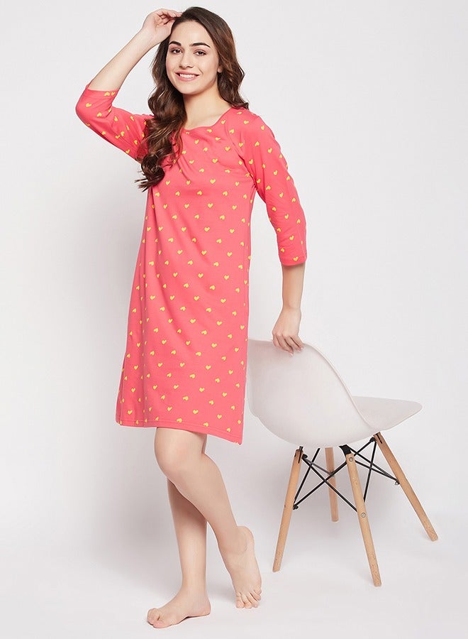 Clovia Clovia Heart Print Long Sleep Tee in Peach Colour - 100% Cotton  - Image 1