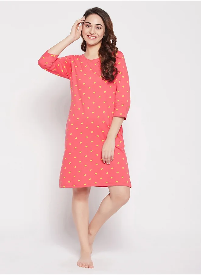 كلوفيا Clovia Heart Print Long Sleep Tee in Peach Colour - 100% Cotton