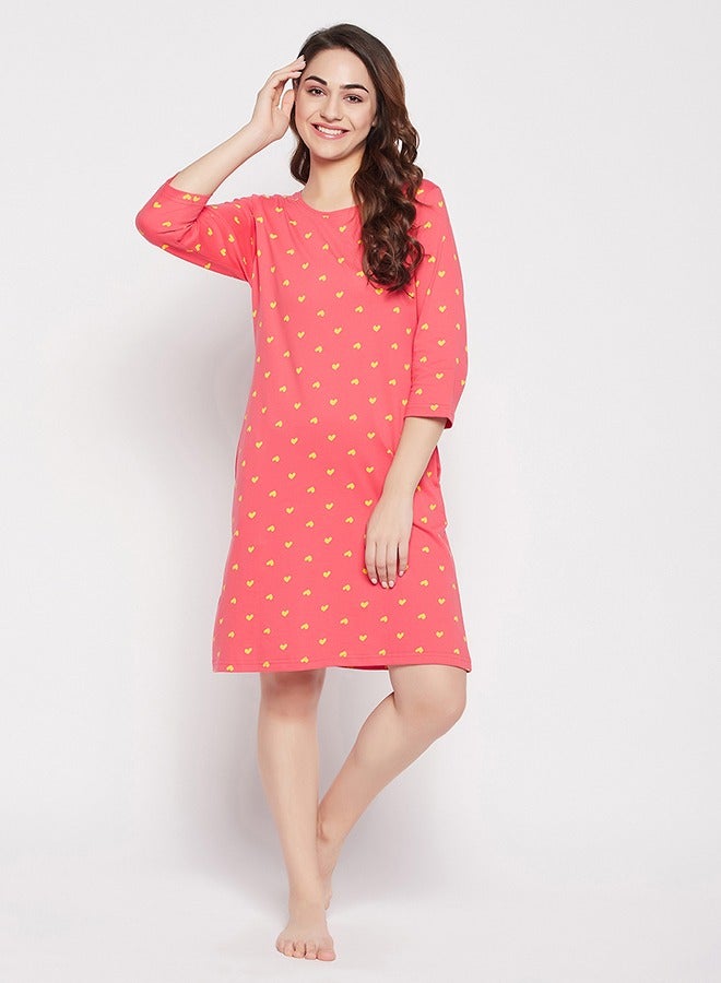 Clovia Clovia Heart Print Long Sleep Tee in Peach Colour - 100% Cotton  - Image 2