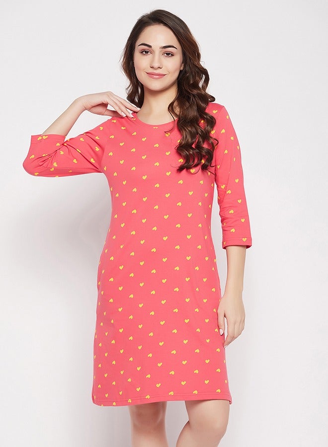 Clovia Clovia Heart Print Long Sleep Tee in Peach Colour - 100% Cotton  - Image 3