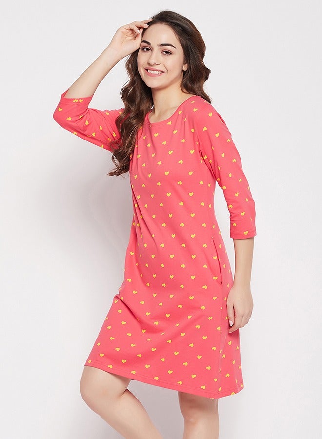 Clovia Clovia Heart Print Long Sleep Tee in Peach Colour - 100% Cotton  - Image 4