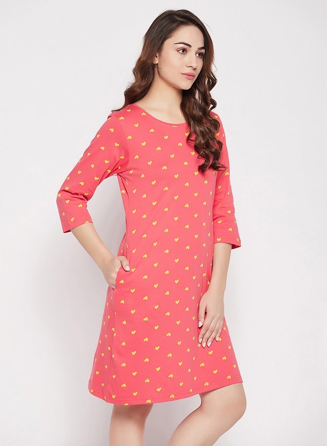 Clovia Clovia Heart Print Long Sleep Tee in Peach Colour - 100% Cotton  - Image 5