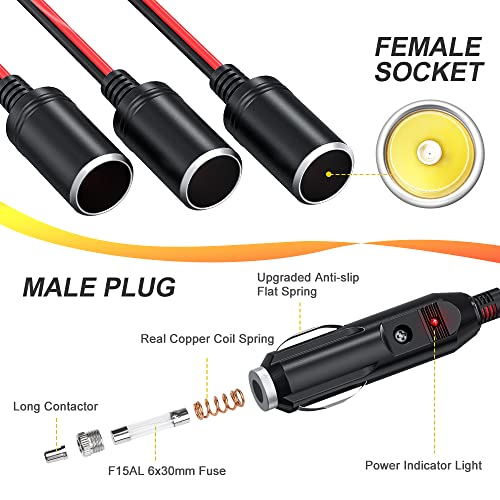 ELECTOP 1 to 4 Car Cigarette Lighter Splitter Adapter Power Charger Port, 12V 24V Plug Socket Adapter 4-Way Splitter, 12 inch Cigarette Lighter Extension Cord Cable 16AWG with 15A Fuse - Image 2