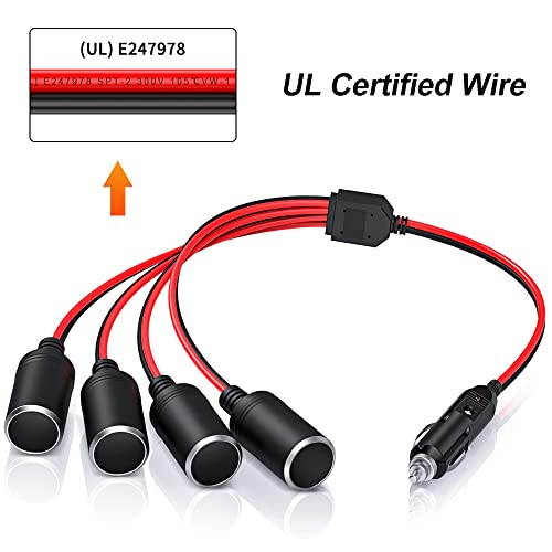 ELECTOP 1 to 4 Car Cigarette Lighter Splitter Adapter Power Charger Port, 12V 24V Plug Socket Adapter 4-Way Splitter, 12 inch Cigarette Lighter Extension Cord Cable 16AWG with 15A Fuse - Image 4