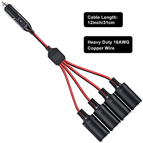 ELECTOP 1 to 4 Car Cigarette Lighter Splitter Adapter Power Charger Port, 12V 24V Plug Socket Adapter 4-Way Splitter, 12 inch Cigarette Lighter Extension Cord Cable 16AWG with 15A Fuse - Image 3