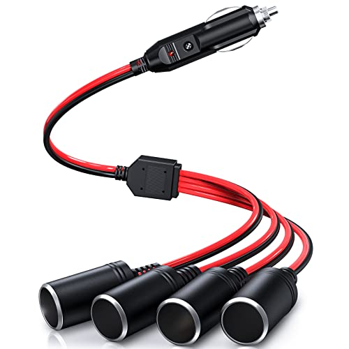 ELECTOP 1 to 4 Car Cigarette Lighter Splitter Adapter Power Charger Port, 12V 24V Plug Socket Adapter 4-Way Splitter, 12 inch Cigarette Lighter Extension Cord Cable 16AWG with 15A Fuse - Image 1