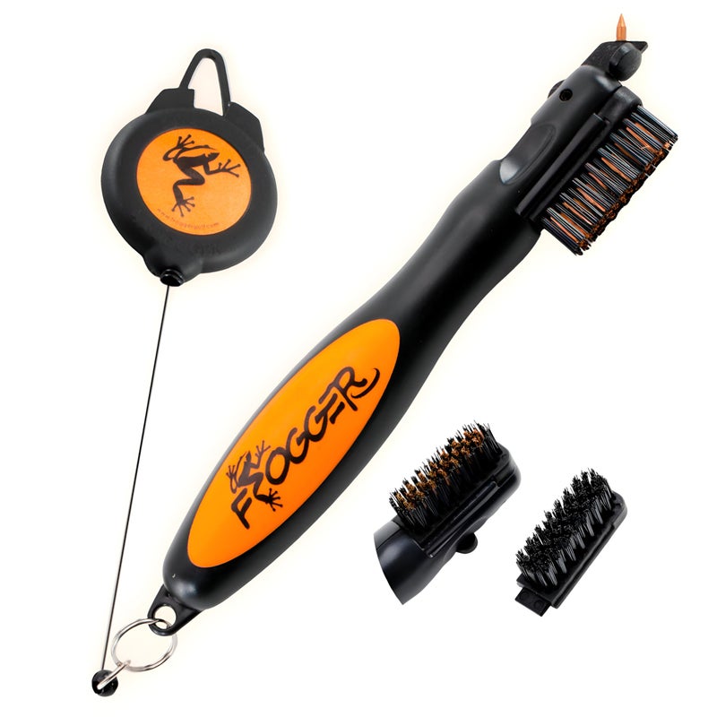 Frogger BrushPro Golf Club Cleaner with Ergonomic Grip and 2.5 ft. Retractable Cord, Orange - Sturdy Golf Club Brush and Groove Cleaner for Golfers - Image 1