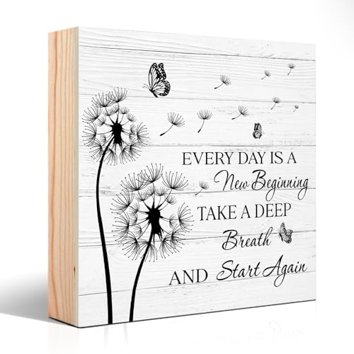 PUVOXHO Every Day Is A New Beginning Take A Deep Breath And Start Again Wooden Sign Desk Decor for Home Office Farmhouse Bedroom, Yoga Spa Room Decor, Inspirational Gifts for Women Friend Coworker BFF - Image 1