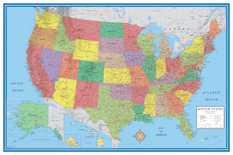 Swiftmaps 32x50 United States Classic Premier Blue Oceans 3D Wall Map Poster (Laminated) - Image 1