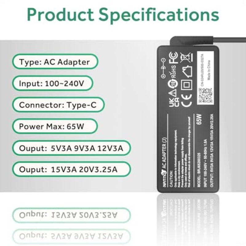 شاحن كمبيوتر محمول USB من النوع C بقدرة 65 وات متوافق مع Lenovo ThinkPad T14 E14 T16 T480 T580 X1 Carbon Chromebook Yoga ADLX65YDC2A، مناسب لشاحن الكمبيوتر المحمول HP Dell Acer Asus Huawei Samsung Type C - Image 3