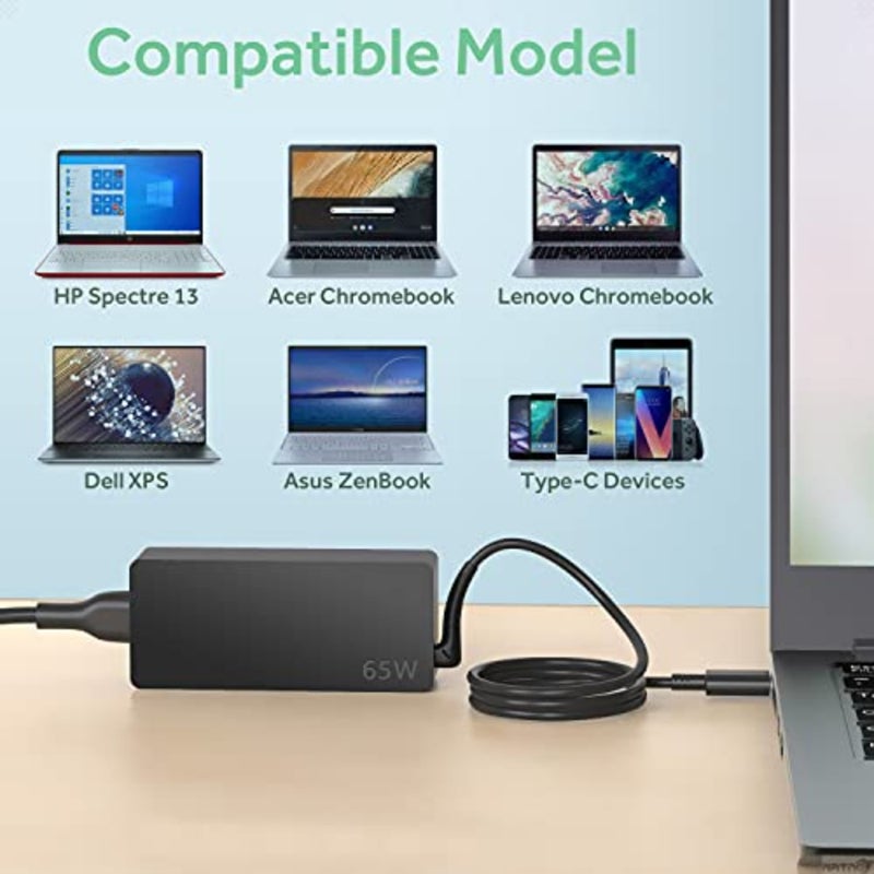 شاحن كمبيوتر محمول USB من النوع C بقدرة 65 وات متوافق مع Lenovo ThinkPad T14 E14 T16 T480 T580 X1 Carbon Chromebook Yoga ADLX65YDC2A، مناسب لشاحن الكمبيوتر المحمول HP Dell Acer Asus Huawei Samsung Type C - Image 2