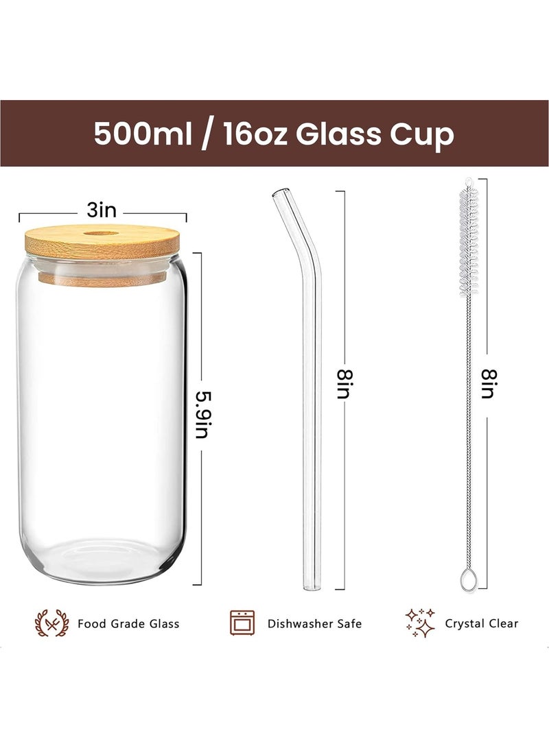 هوم زون هوم زون طقم اكواب شرب من 4 قطع مع اغطية الخيزران وماصة زجاجية زجاجية على شكل علبة سعة 16 اونصة قهوة مثلجة كوب عصير - 2 فرشاة تنظيف - Image 3