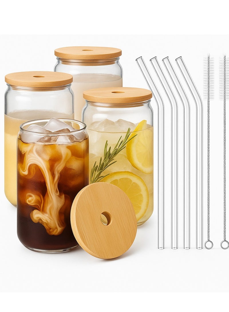 هوم زون هوم زون طقم اكواب شرب من 4 قطع مع اغطية الخيزران وماصة زجاجية زجاجية على شكل علبة سعة 16 اونصة قهوة مثلجة كوب عصير - 2 فرشاة تنظيف - Image 1