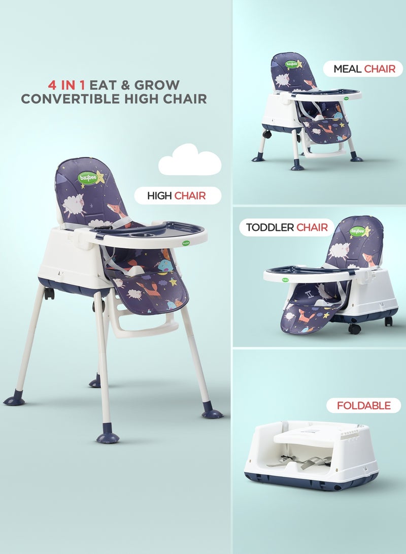 BAYBEE كرسي طعام للأطفال 4 في 1 نوفلا القابل للتحويل مع ارتفاع قابل للتعديل ومسند للقدمين كرسي تغذية للأطفال مقعد مع صينية طعام، عجلات وحزام أمان كرسي عالي للأطفال من 6 أشهر إلى 4 سنوات باللون الأزرق البحري - Image 3
