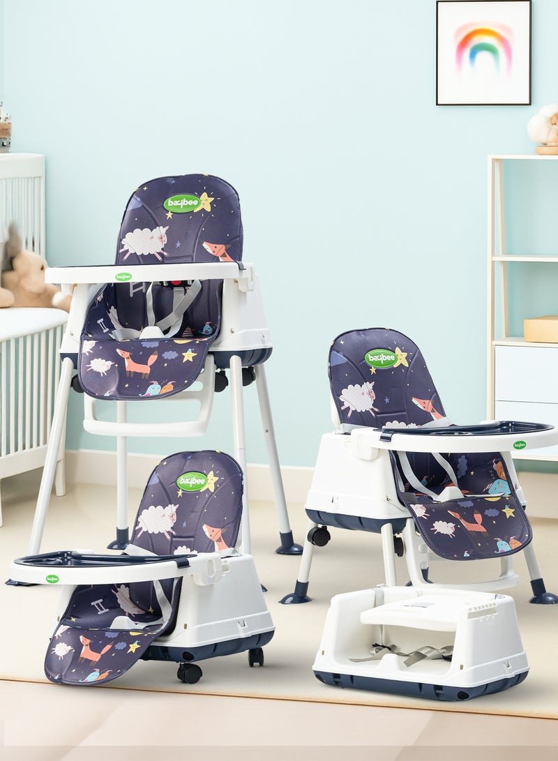 BAYBEE كرسي طعام للأطفال 4 في 1 نوفلا القابل للتحويل مع ارتفاع قابل للتعديل ومسند للقدمين كرسي تغذية للأطفال مقعد مع صينية طعام، عجلات وحزام أمان كرسي عالي للأطفال من 6 أشهر إلى 4 سنوات باللون الأزرق البحري - Image 1