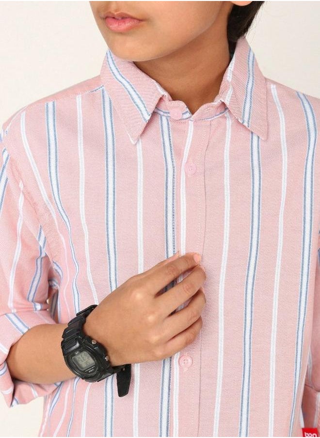 Bonkids - Boy's shirts in regular fit pink colour cotton fabric embellished pattern pull over closure woven weave type round collar type round neckline half sleeve length button down upper body wear type suitable for casual occasions – fashion-forward flair for playful moments. - Image 1