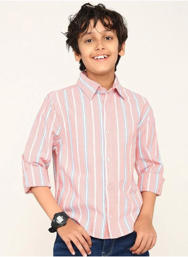 بونكيدز Boy's shirts in regular fit pink colour cotton fabric embellished pattern pull over closure woven weave type round collar type round neckline half sleeve length button down upper body wear type suitable for casual occasions – fashion-forward flair for playful moments.