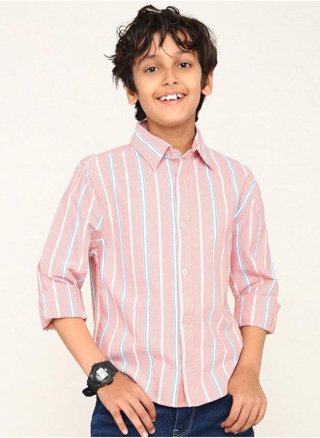 Bonkids - Boy's shirts in regular fit pink colour cotton fabric embellished pattern pull over closure woven weave type round collar type round neckline half sleeve length button down upper body wear type suitable for casual occasions – fashion-forward flair for playful moments. - Image 1