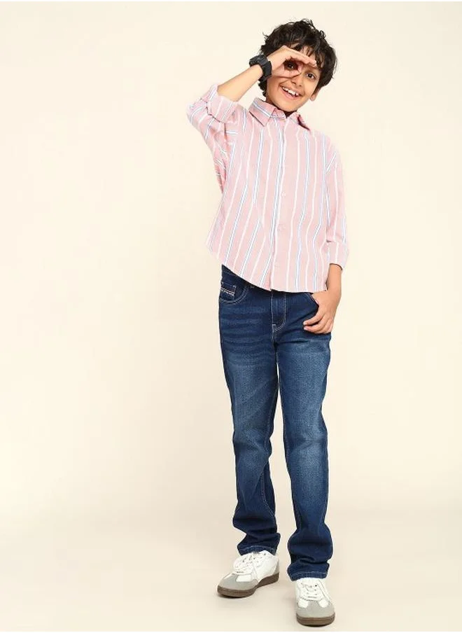 بونكيدز Boy's shirts in regular fit pink colour cotton fabric embellished pattern pull over closure woven weave type round collar type round neckline half sleeve length button down upper body wear type suitable for casual occasions – fashion-forward flair for playful moments.