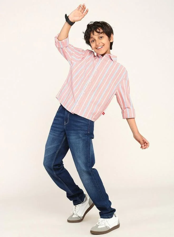 Bonkids Boy's shirts in regular fit pink colour cotton fabric embellished pattern pull over closure woven weave type round collar type round neckline half sleeve length button down upper body wear type suitable for casual occasions – fashion-forward flair for playful moments.