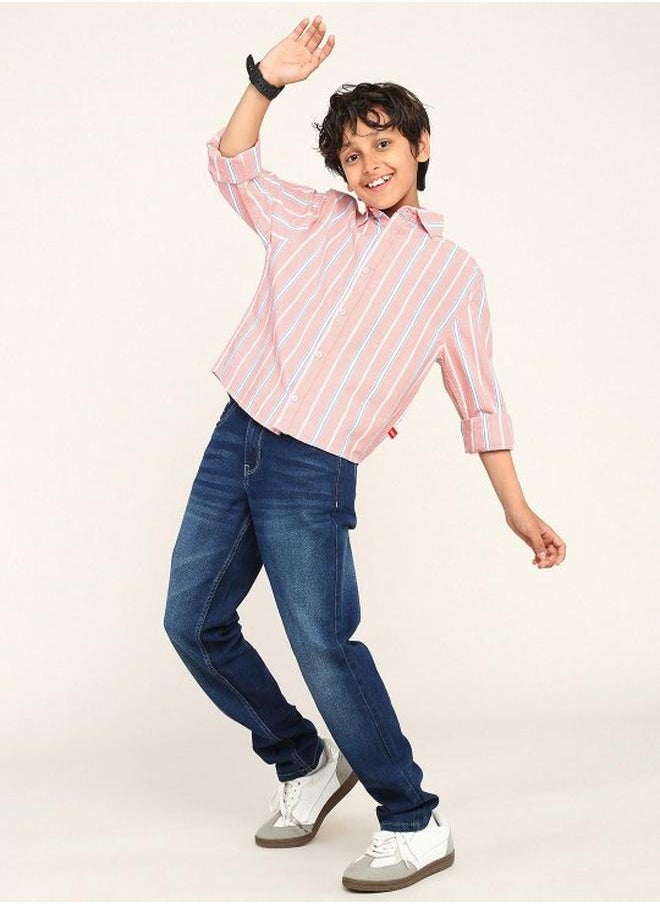 Bonkids - Boy's shirts in regular fit pink colour cotton fabric embellished pattern pull over closure woven weave type round collar type round neckline half sleeve length button down upper body wear type suitable for casual occasions – fashion-forward flair for playful moments. - Image 1