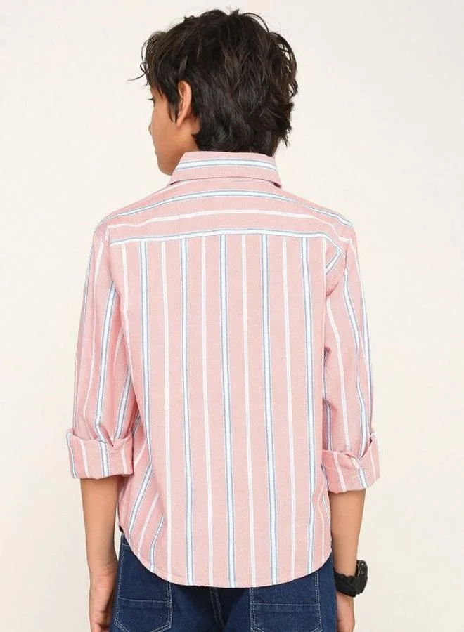 Bonkids Boy's shirts in regular fit pink colour cotton fabric embellished pattern pull over closure woven weave type round collar type round neckline half sleeve length button down upper body wear type suitable for casual occasions – fashion-forward flair for playful moments.