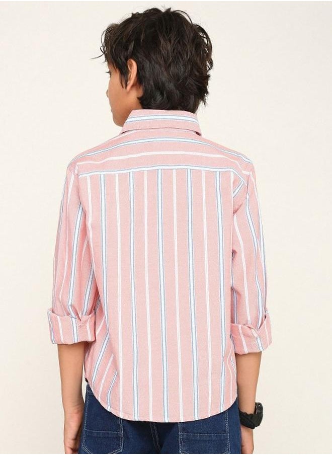 Bonkids - Boy's shirts in regular fit pink colour cotton fabric embellished pattern pull over closure woven weave type round collar type round neckline half sleeve length button down upper body wear type suitable for casual occasions – fashion-forward flair for playful moments. - Image 1