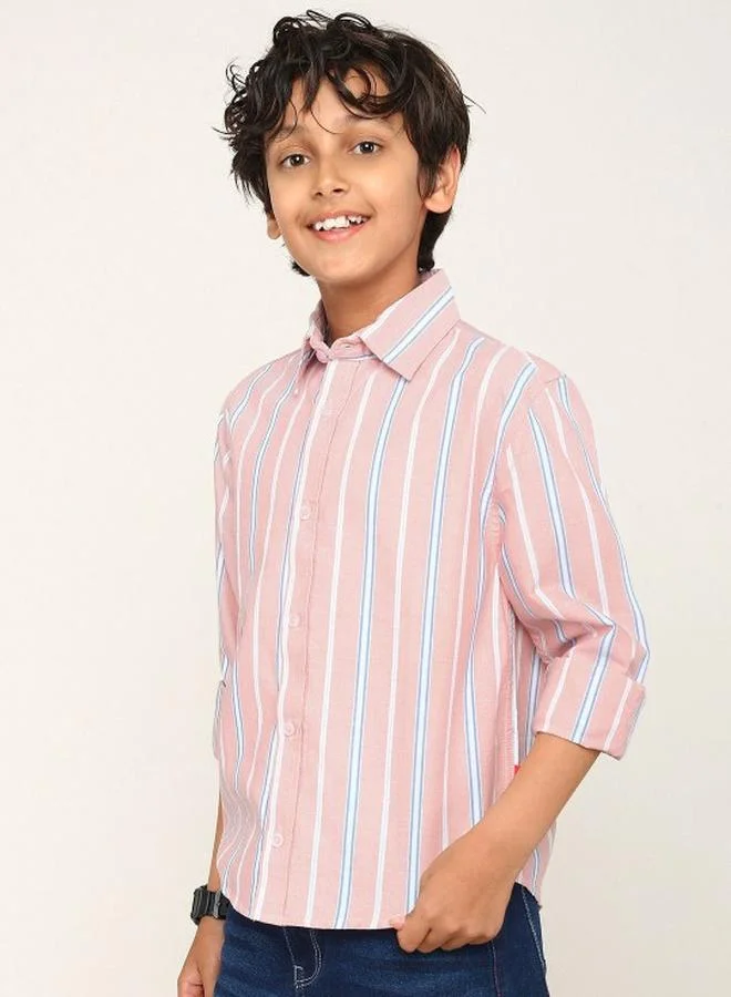 Bonkids Boy's shirts in regular fit pink colour cotton fabric embellished pattern pull over closure woven weave type round collar type round neckline half sleeve length button down upper body wear type suitable for casual occasions – fashion-forward flair for playful moments.